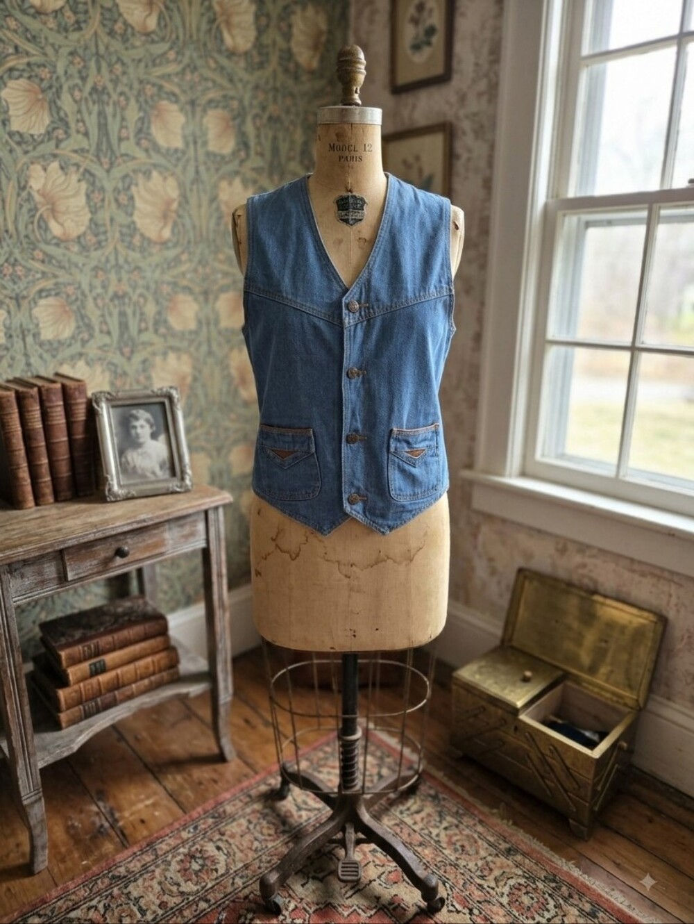 Vintage Brittania Denim Vest Leather Trim Pockets Button Front Size Small 70s 80